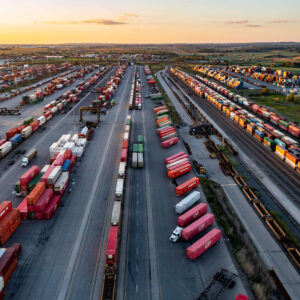 group of semi-trucks lined up for shipping freight